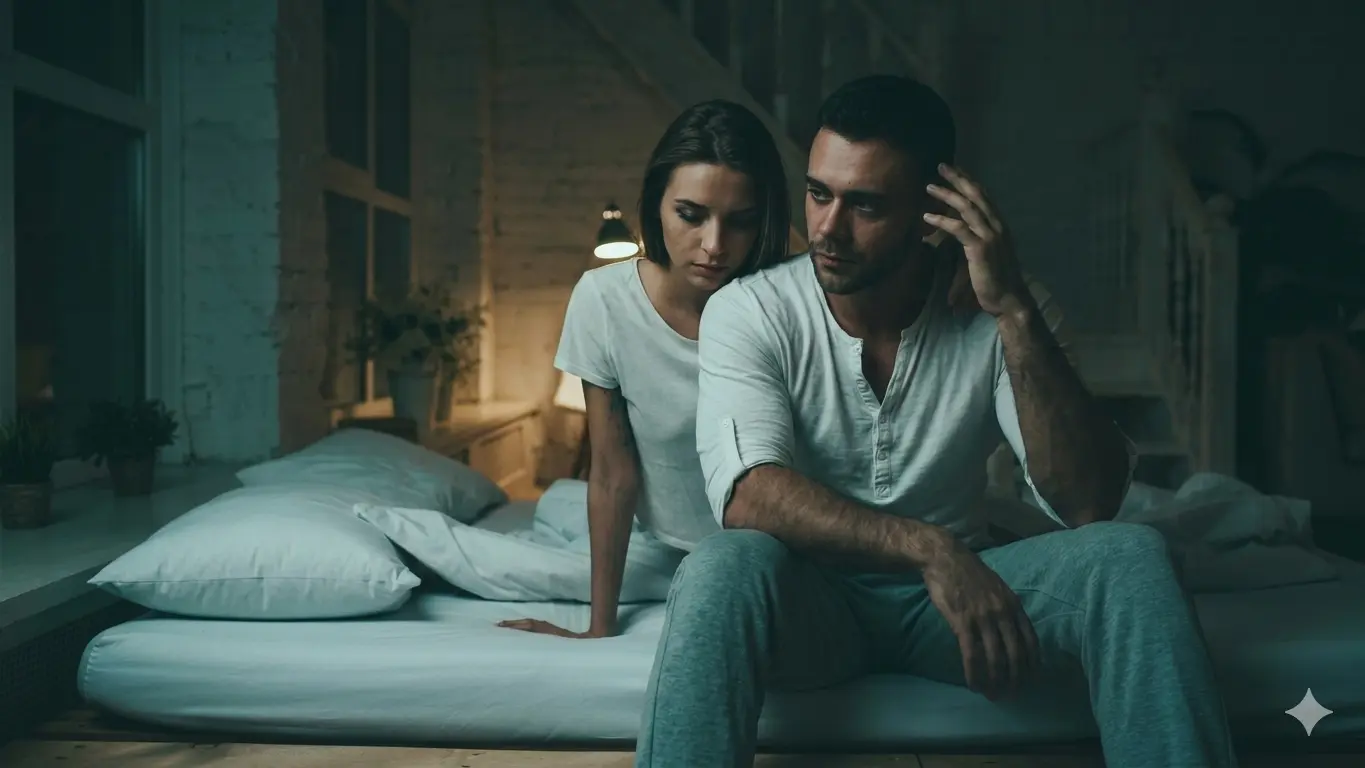 Woman appearing emotionally withdrawn while sitting beside her partner