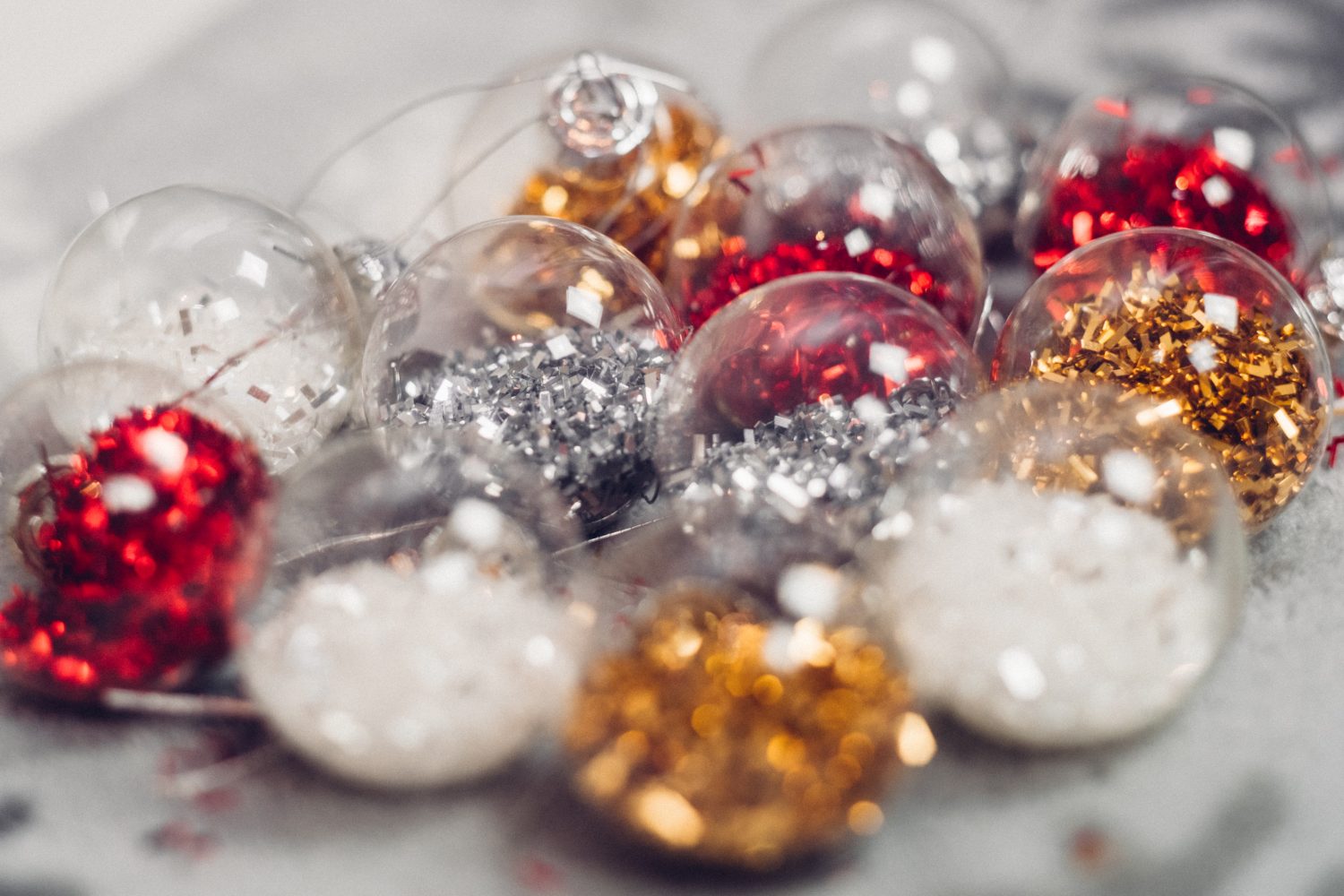 Christmas baubles with glitter inside