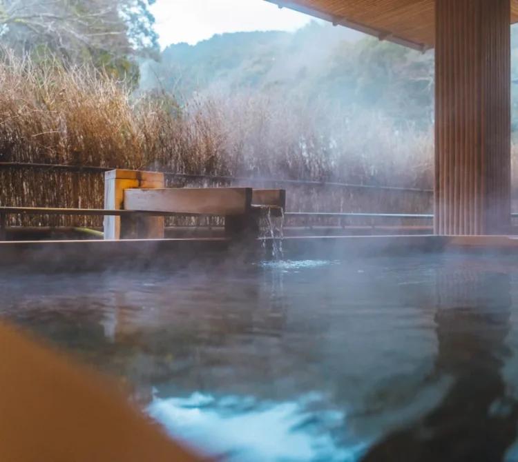 A hot spring bath with steam rising from the water.