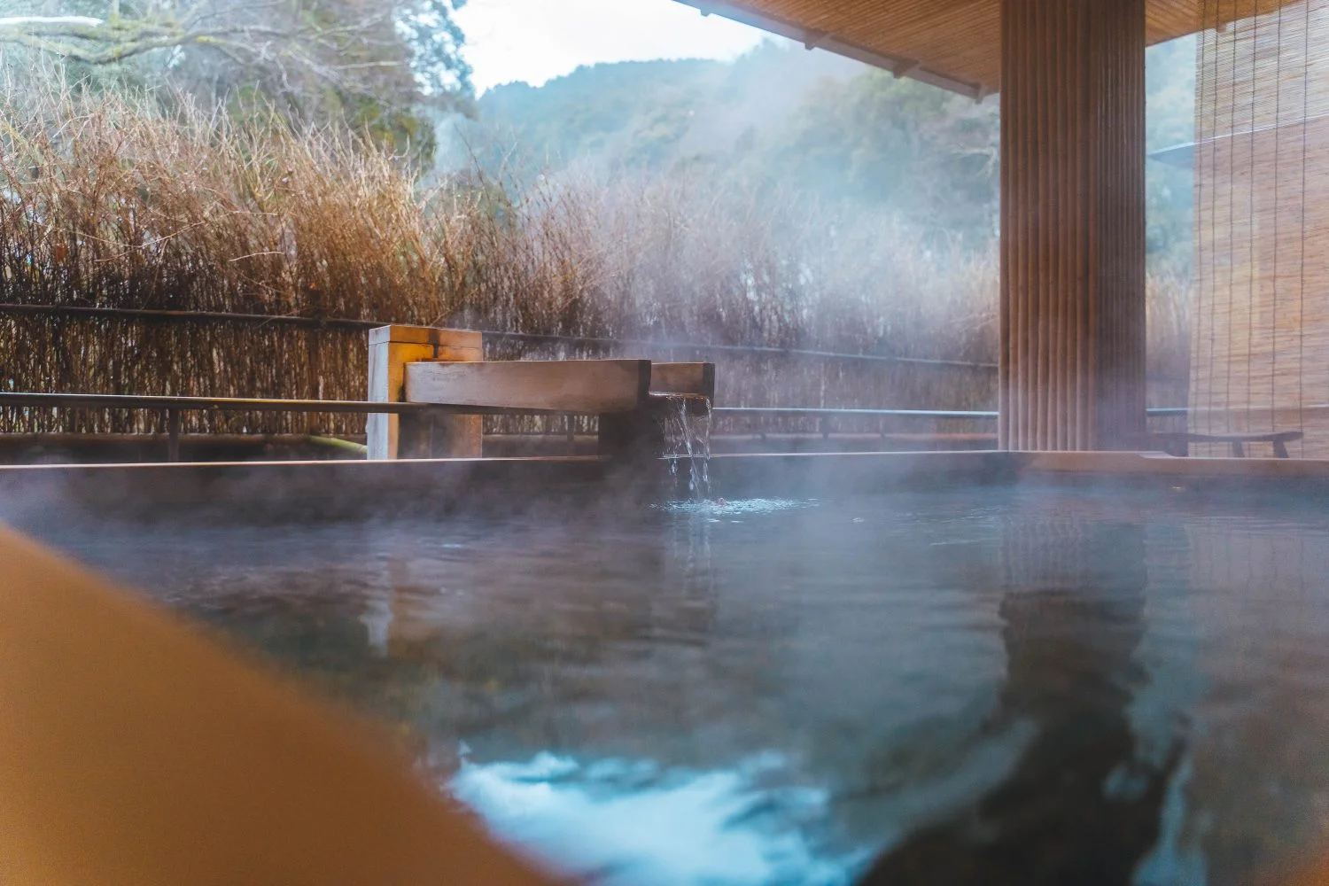 A hot spring bath with steam rising from the water.