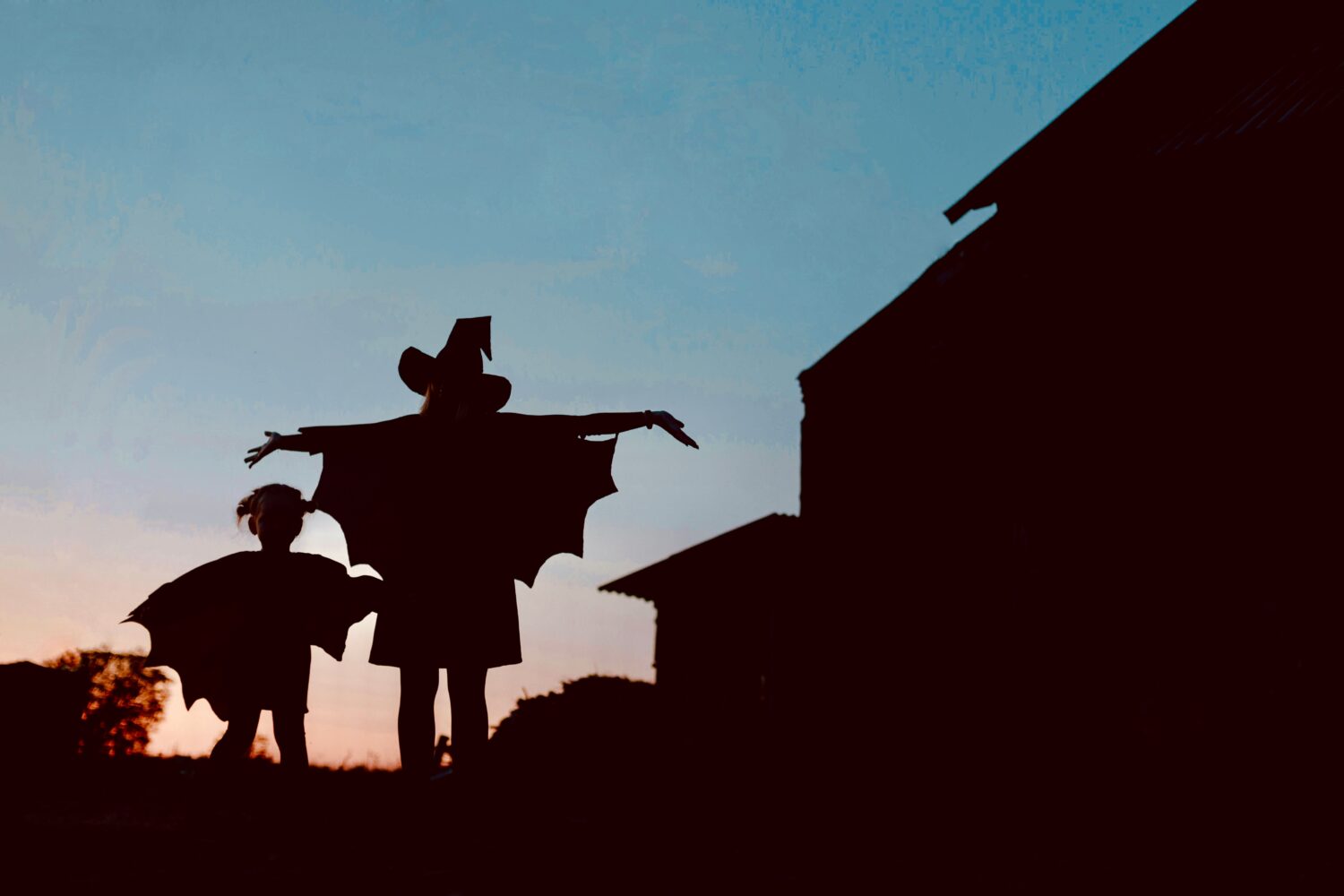 A silhouette of a child and teenager wearing Halloween costumes against a sunset