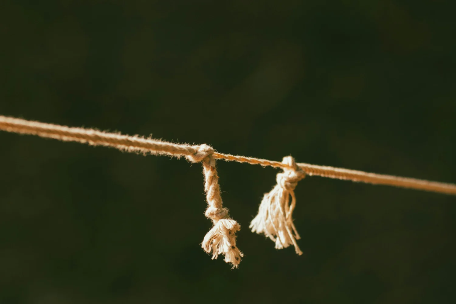Close-up of two frayed rope tassels tied onto a thinner horizontal cord, softly lit against a dark blurred background.