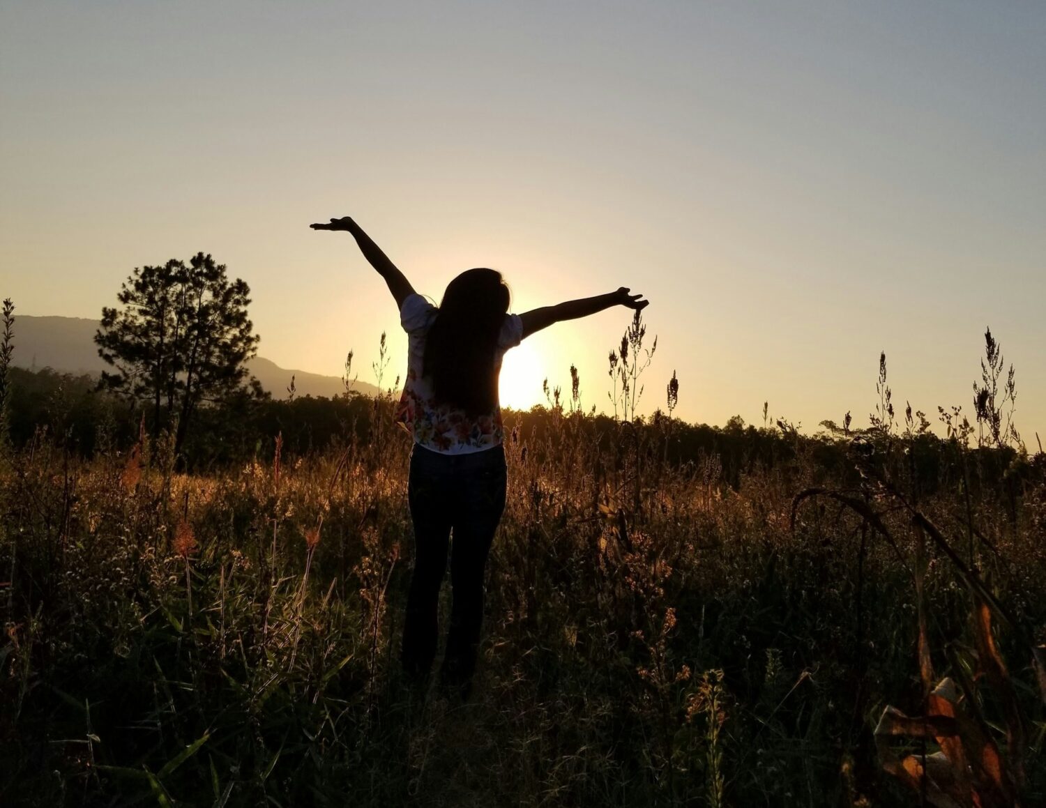 A woman standing in a field at sunset with arms upraised joyfully