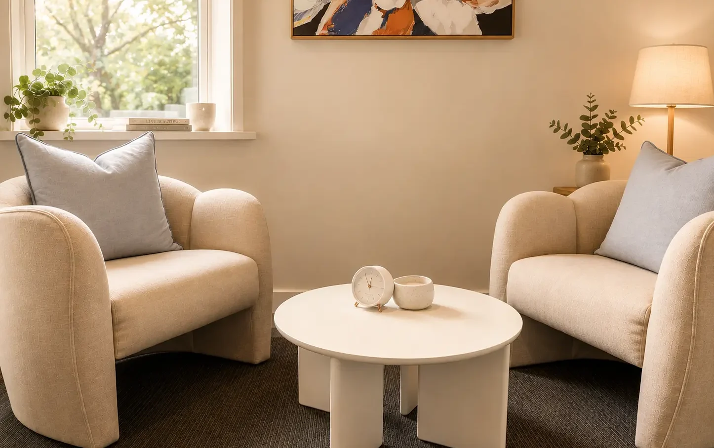 Peaceful Mind Psychology therapy room in Glen Iris with two white armchairs facing each other