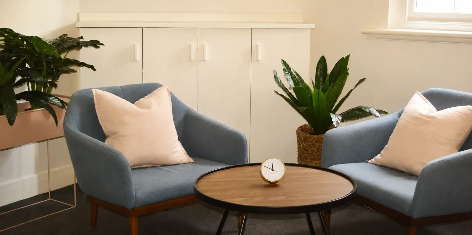 Psychology room in Prahran at Peaceful Mind Psychology with two chairs
