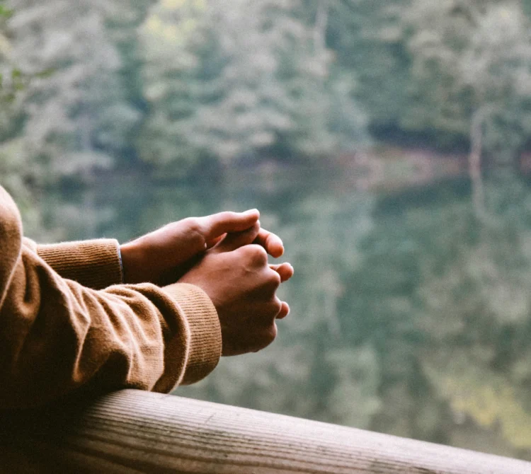 Person leaning on rail looking out to a lake.