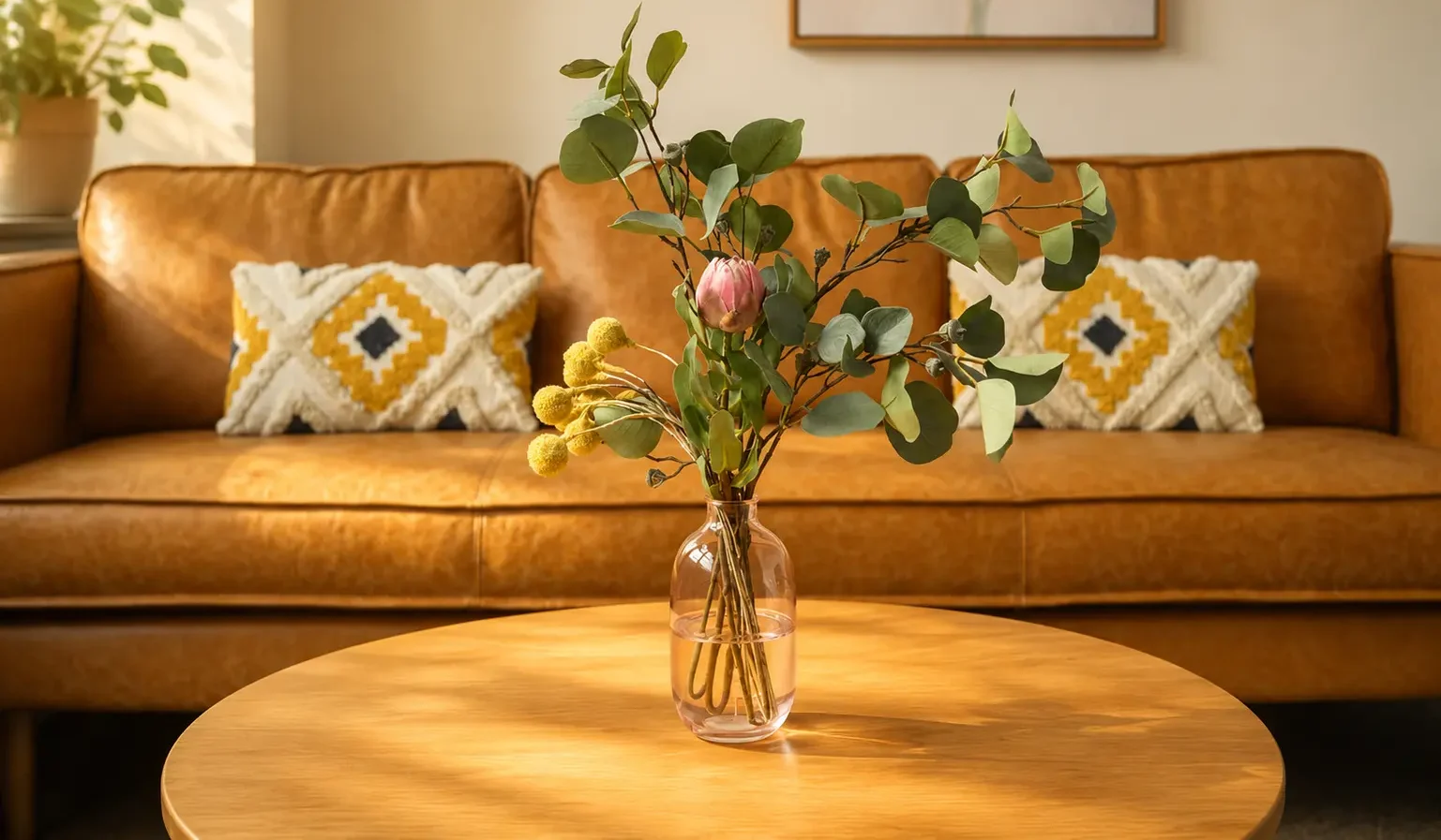 3 biege leather seater couch with flowers on coffee table